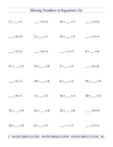 Missing Numbers in Equations (A) Worksheet