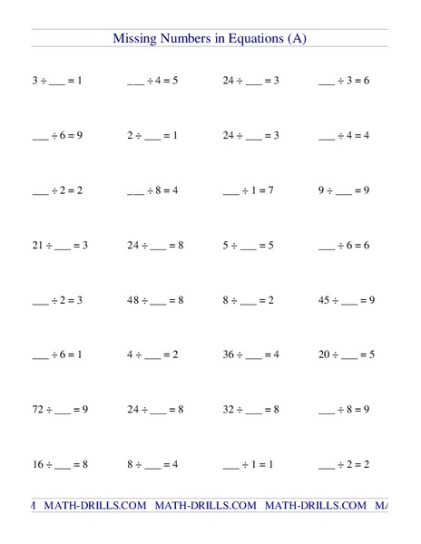 Missing Numbers in Equations (A) Worksheet