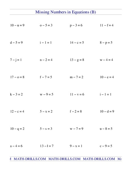 Missing Numbers in Equations (B) Worksheet