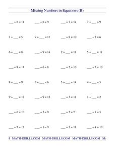 Missing Numbers in Equations 7 Worksheet