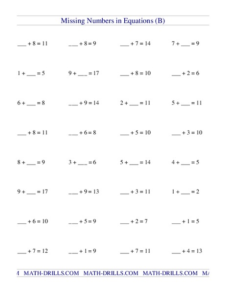 Missing Numbers in Equations 7 Worksheet