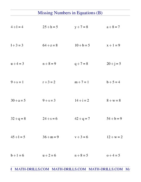 Missing Numbers in Equations (B) Worksheet