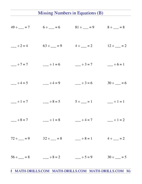 Missing Numbers in Equations (B) Worksheet
