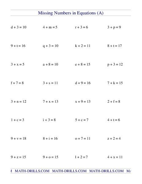 Missing Numbers in Equations 7 Worksheet