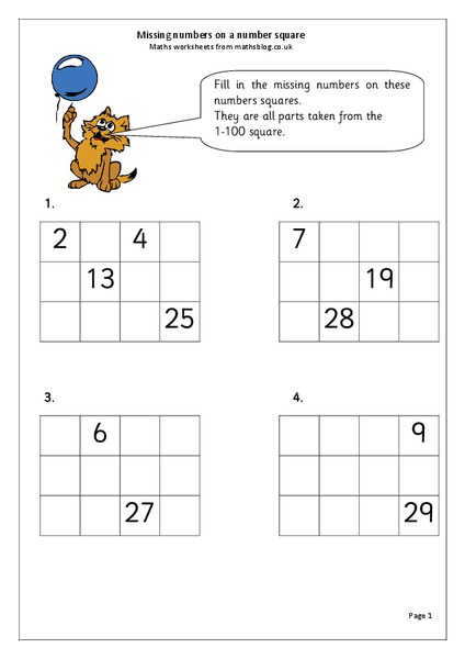Missing Numbers on a Number Square Worksheet