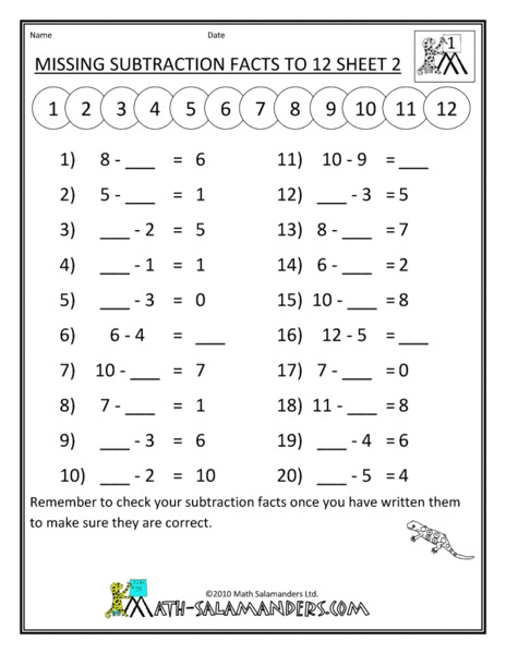 Missing Subtraction Facts to 12 Sheet 2 Worksheet