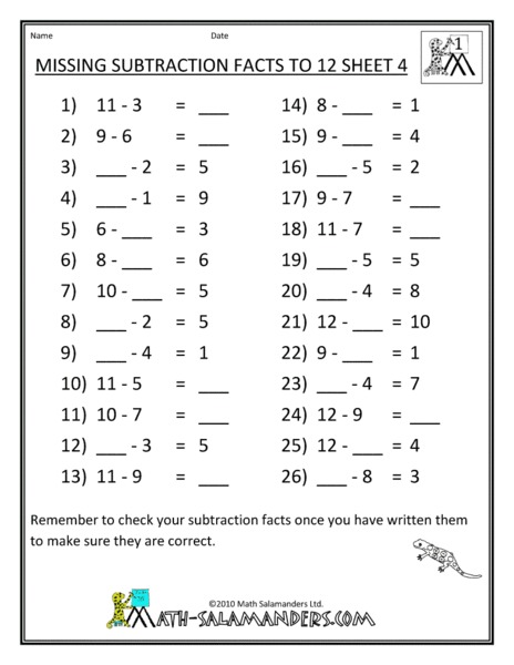 Missing Subtraction Facts to 12 Sheet 4 Worksheet