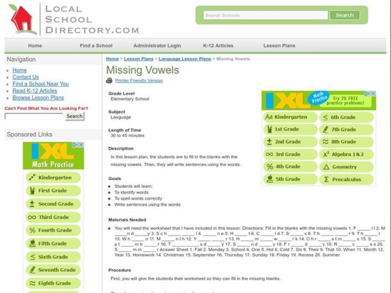 Missing Vowels Lesson Plan