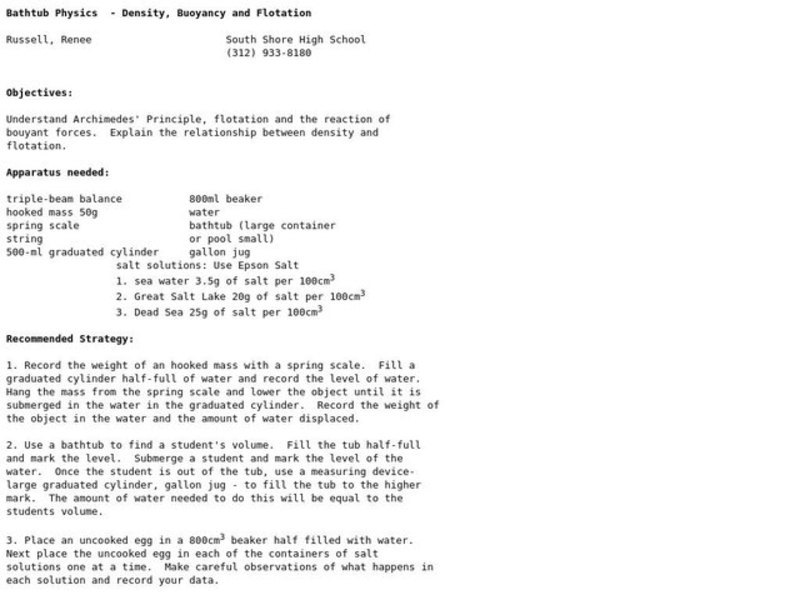 Bathtub Physics - Density, Buoyancy and Flotation Lesson Plan