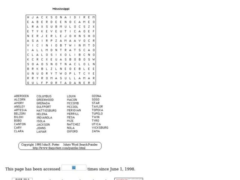 Mississippi Word Search Worksheet