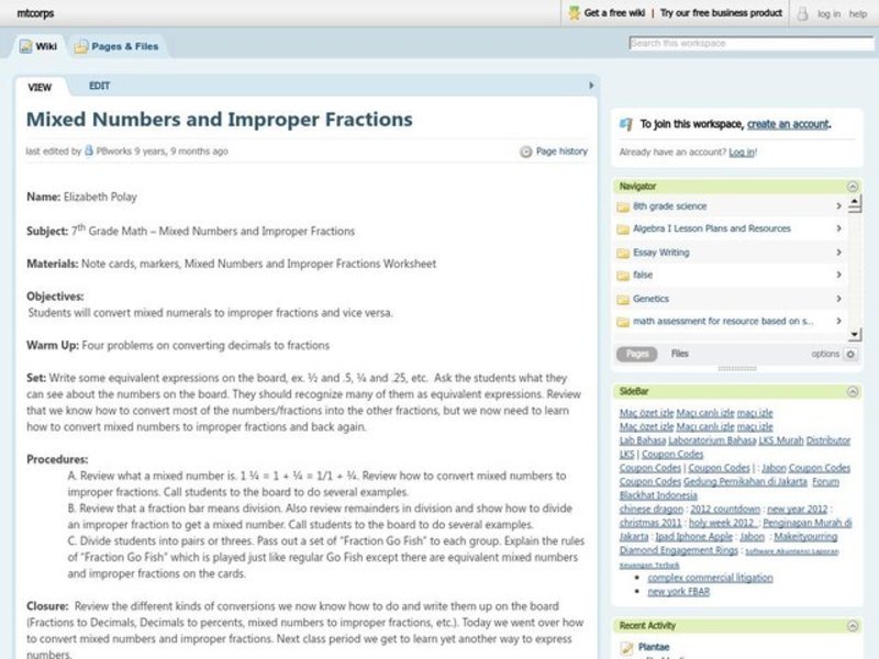 Mixed Numbers and Improper Fractions Lesson Plan