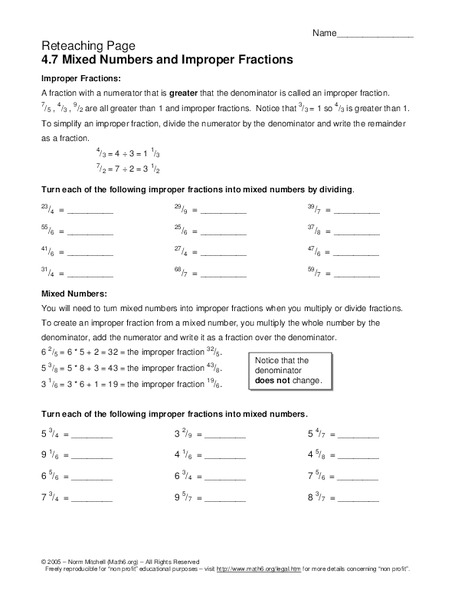 Mixed Numbers and Improper Fractions Worksheet