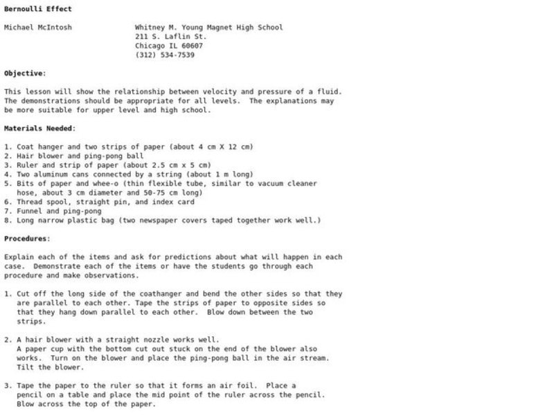 Bernoulli Effect Lesson Plan