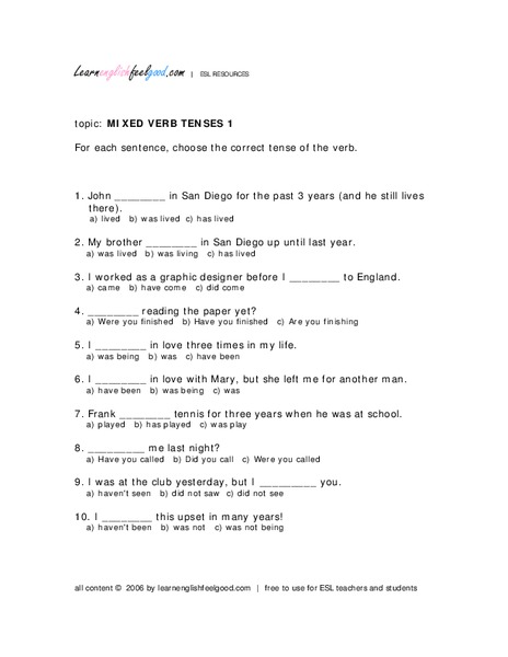 Mixed Verb Tenses Worksheet