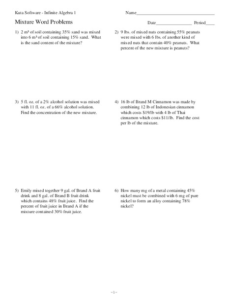 Mixture Word Problems Worksheet