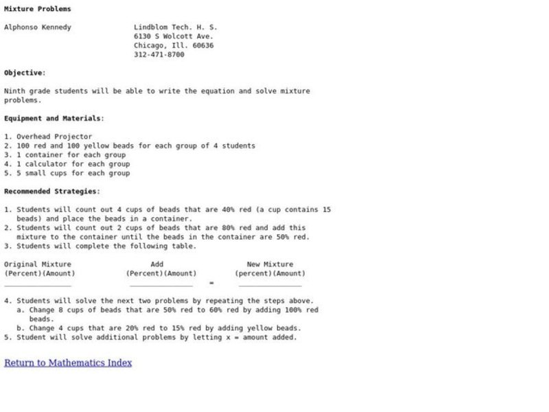 Mixture Problems Lesson Plan
