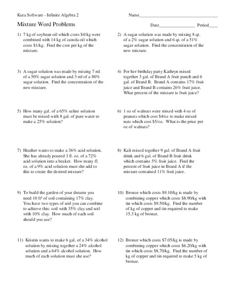 Mixture Word Problems Worksheet