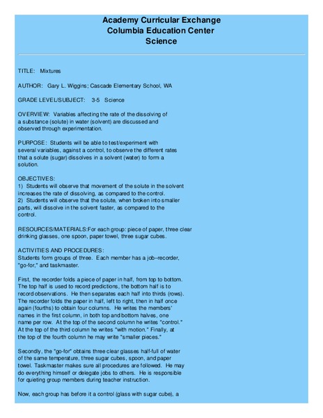 Mixtures Lesson Plan