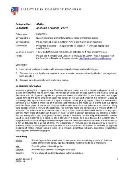 Mixtures of Matter Lesson Plan