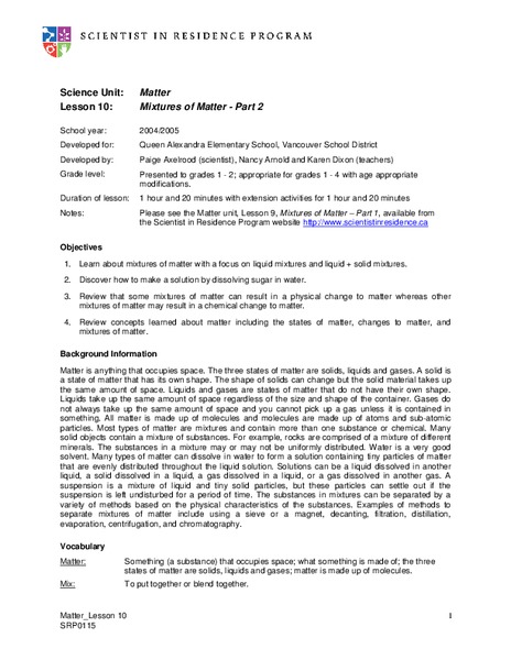 Mixtures of Matter Lesson Plan