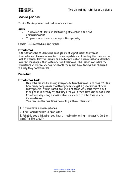 Mobile Phones Lesson Plan