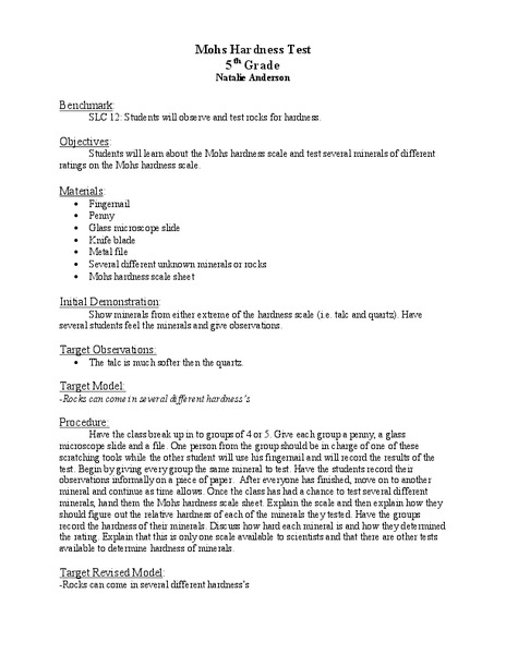 Mohs Hardness Test Lesson Plan