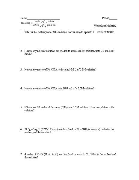 Molarity Worksheet