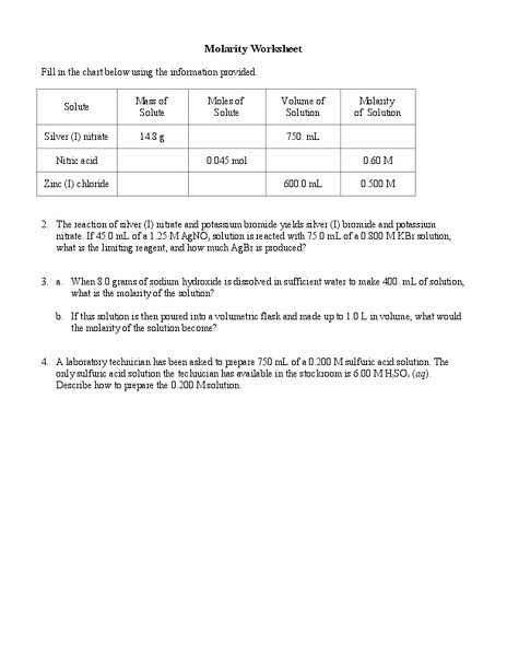 Molarity Worksheet Worksheet