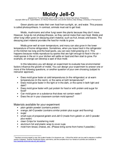 Moldy Jell-O Worksheet