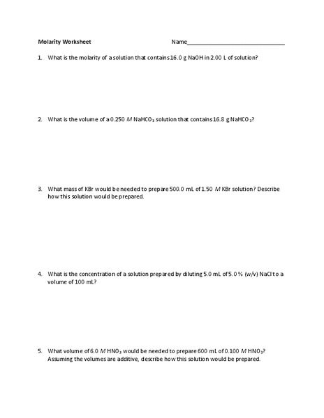 Molarity Worksheet Worksheet
