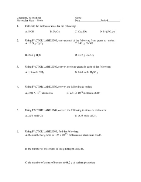 Molecular Mass Worksheet