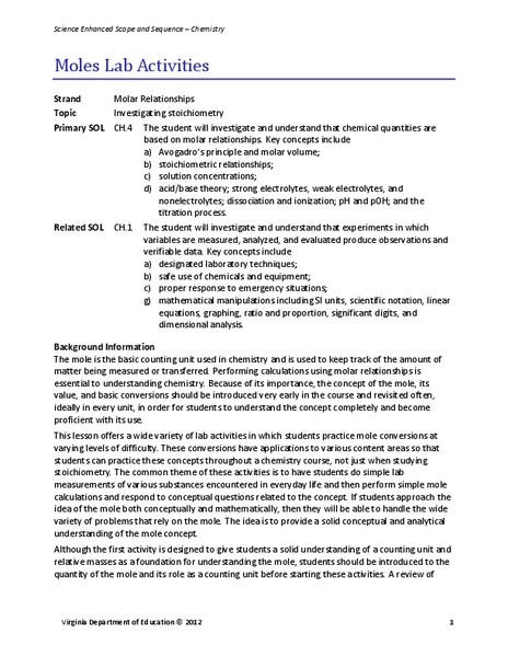 Moles Lab Activities Lesson Plan