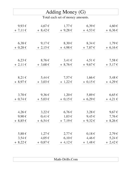 Money Addition Worksheet