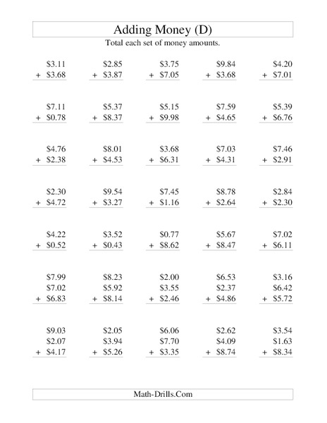 Money Addition (D) Worksheet