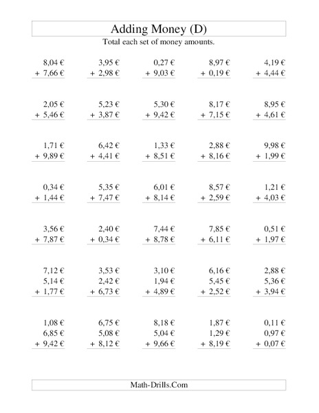 Money Addition (D) Worksheet