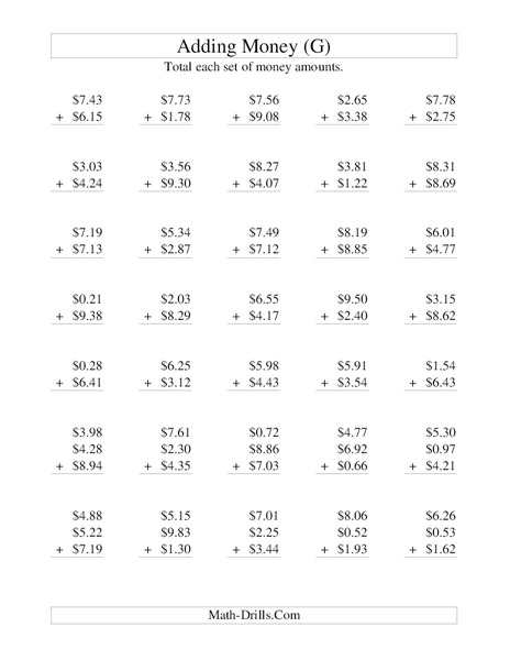 Money Addition (G) Worksheet