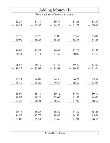 Money Addition (I) Worksheet