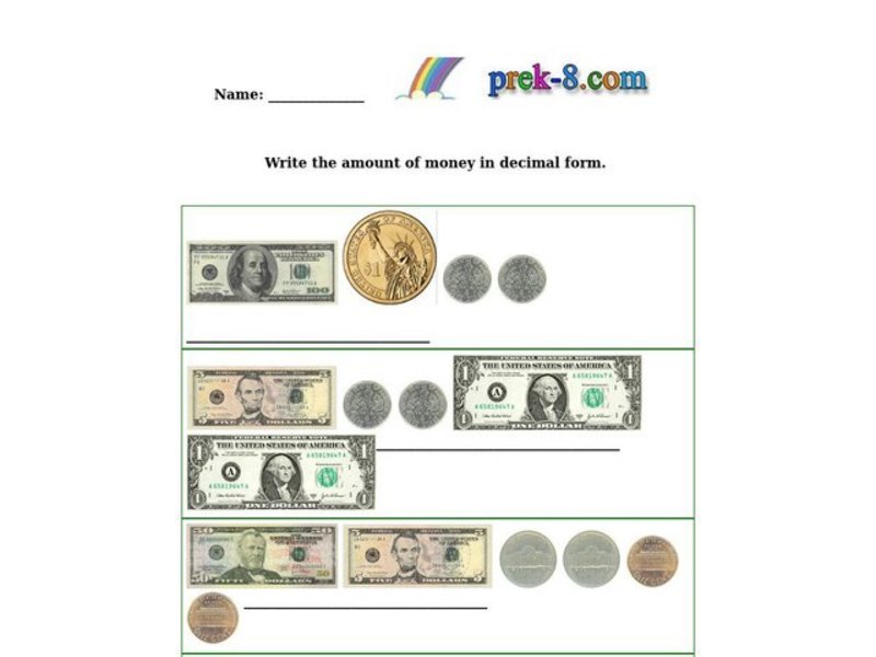 Money Amounts Worksheet