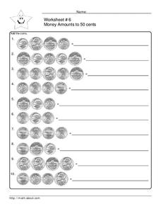 Money Amounts to 50 Cents Worksheet