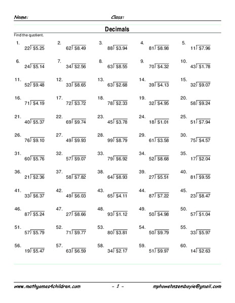 Money Division Worksheet