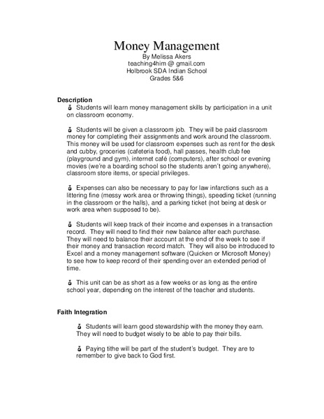 Money Management Lesson Plan