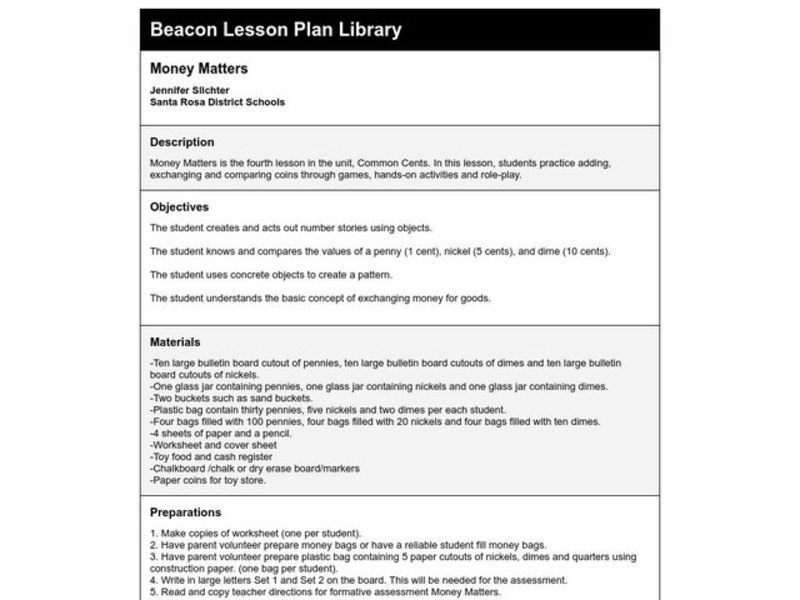 Money Matters Lesson Plan