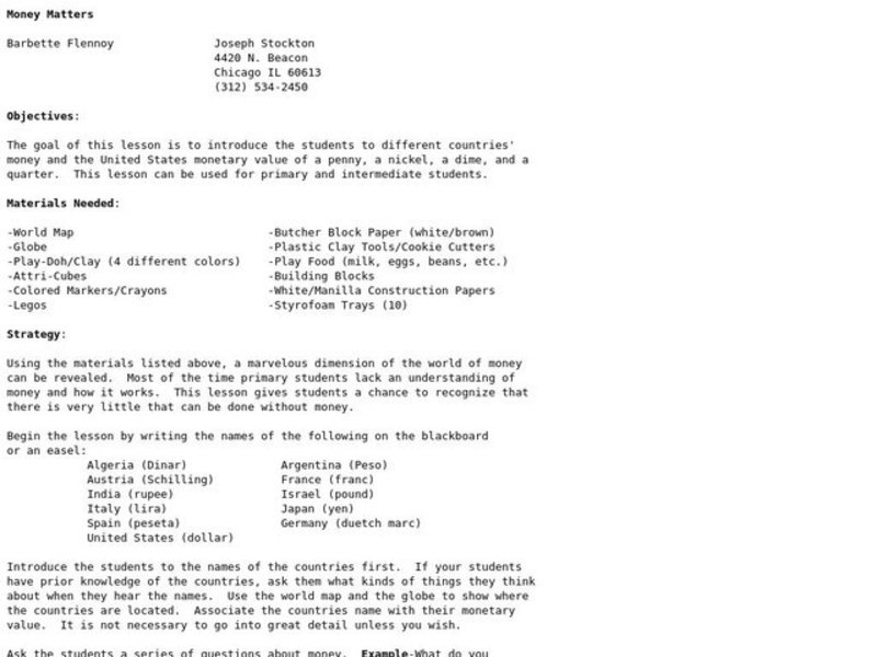 Money Matters Lesson Plan