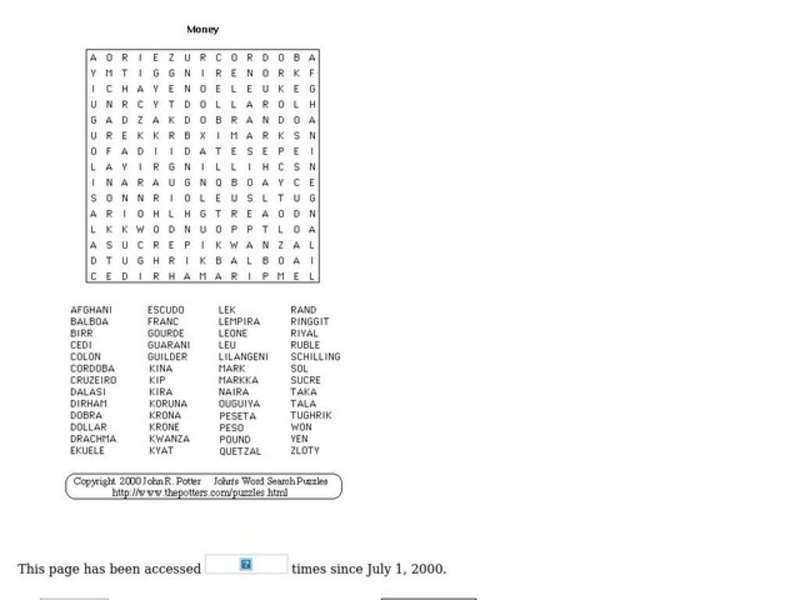 Money Puzzle Worksheet