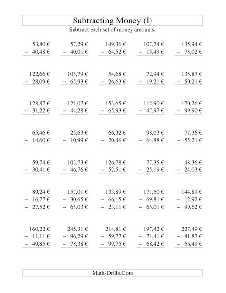 Money Subtraction Worksheet
