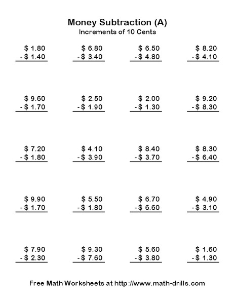 Money Subtraction (A) Worksheet