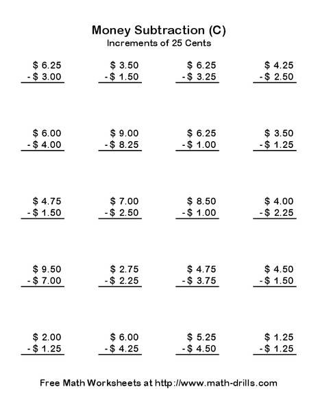 Money Subtraction (C) Worksheet