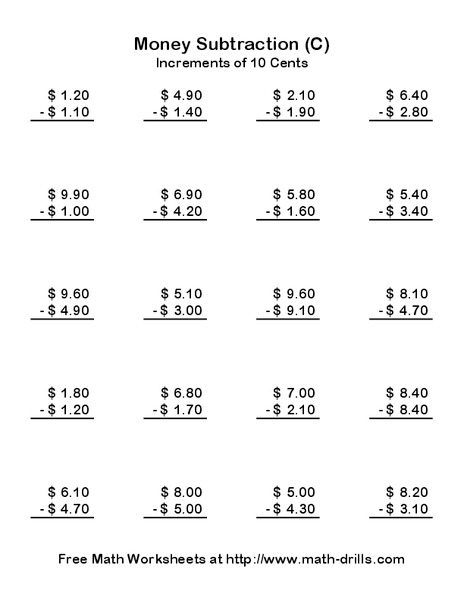 Money Subtraction (C) Worksheet