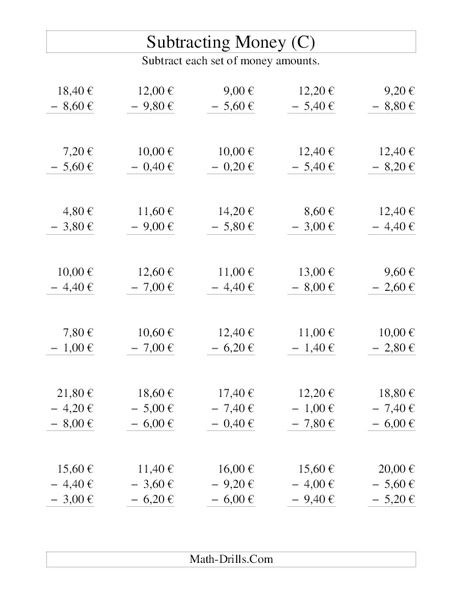 Money Subtraction (C) Worksheet