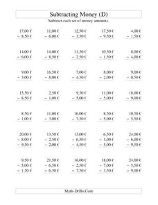 Money Subtraction (D) Worksheet
